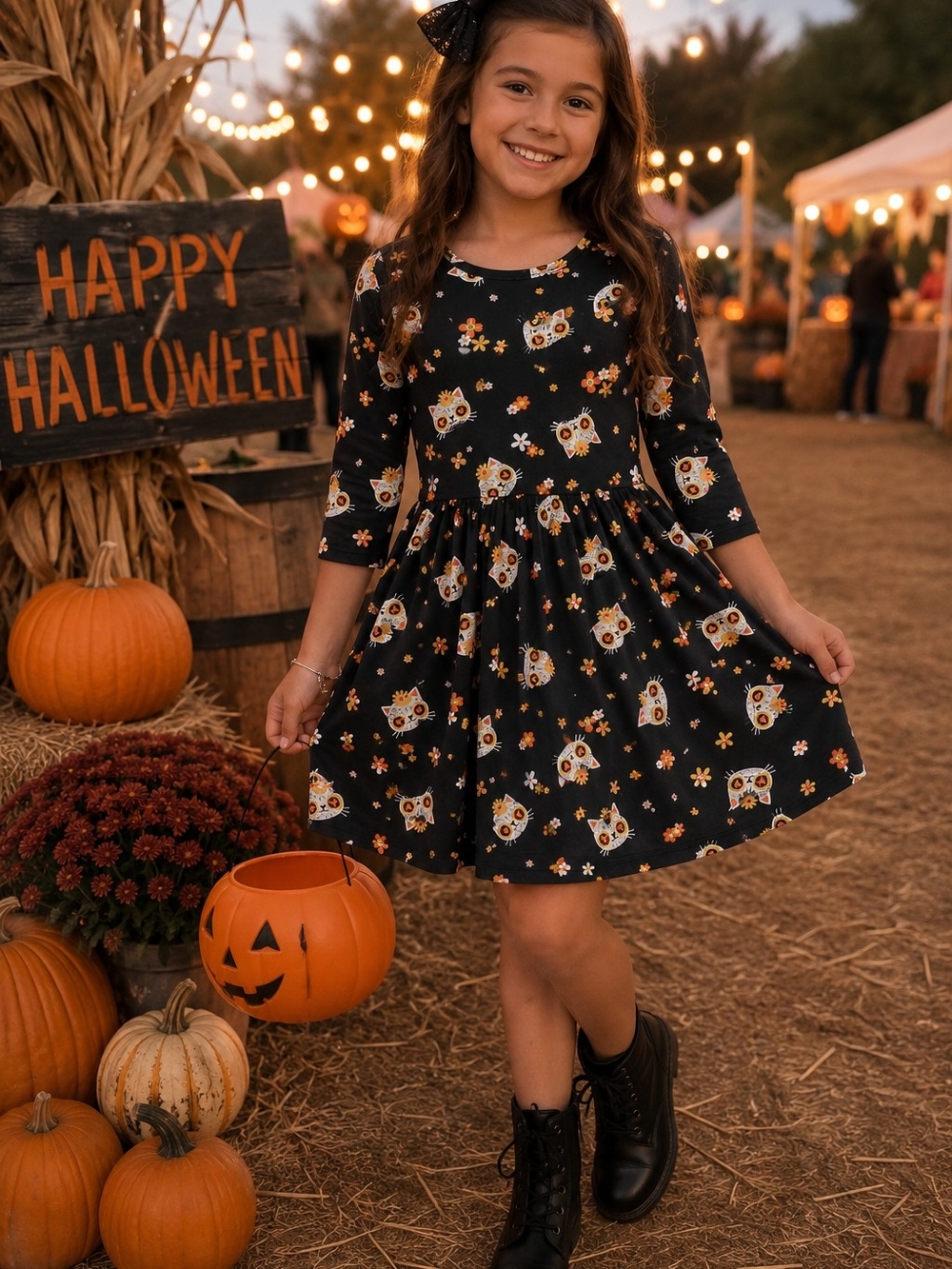 Emma & Elsa Girls Halloween Cat Dress Size 7 Sugar Skull Cute Spooky Fall